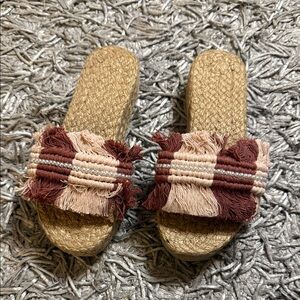 Fringed Slide Mules in Brown & Cream